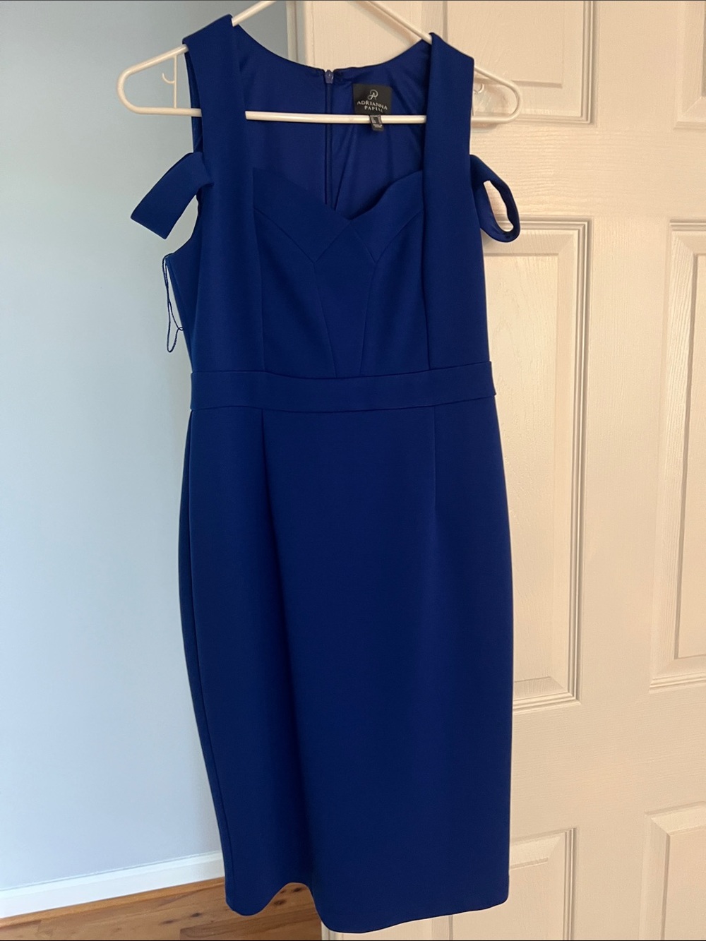 Adrianna Papell Cobalt Blue Midi Sheath Dress with Sweetheart Neck